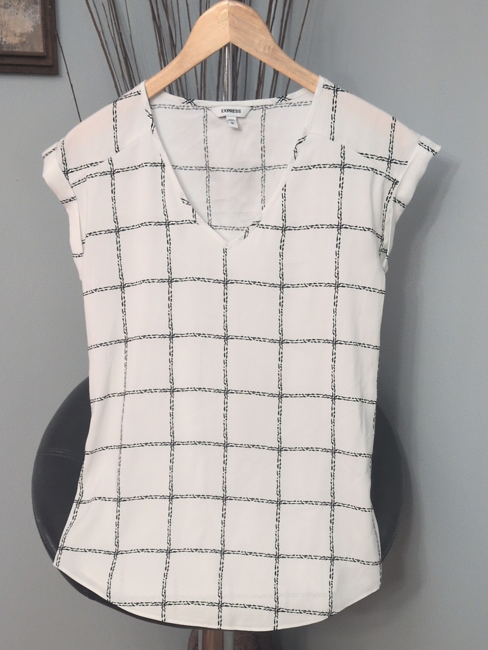 Express White Windowpane V-Neck Cap Sleeve Blouse
